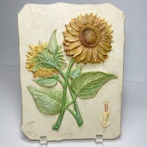 Hen Feathers Sunflower Hand Cast Resin Bas Relief Floral 3D Garden Wall Art NEW